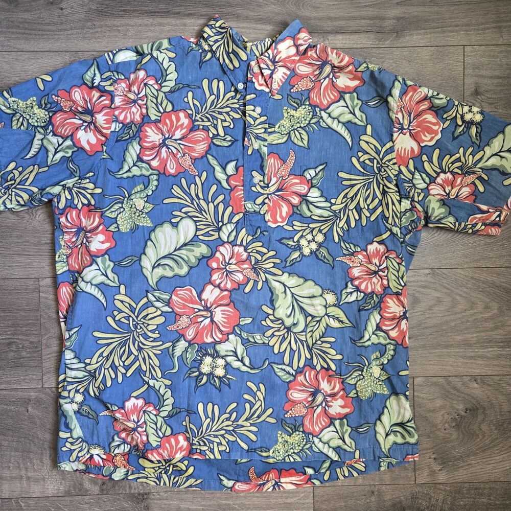 Reyn Spooner Phil Edwards Hibiscus Floral Hawaiian Shirt Blue Cotton Pullover XL